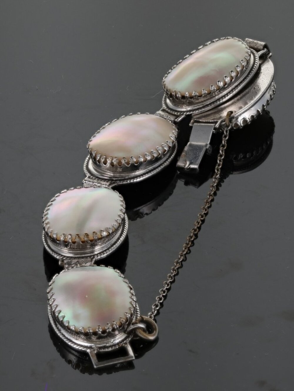 Vintage Whiting & Davis Co. Mother Of Pearl Oval Silver Tone Bracelet & Earrings